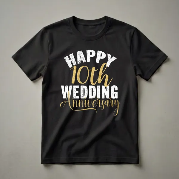 Black t-shirt with white distressed text reading "HAPPY WEDDING" and gold textured text reading "10th Anniversary".