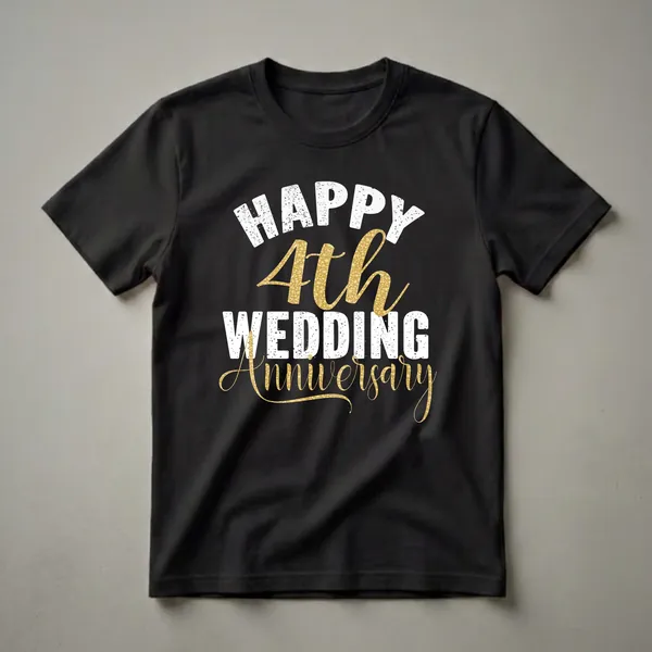 Black t-shirt with white distressed text reading 'HAPPY WEDDING' and sparkling gold text reading '4th Anniversary'.