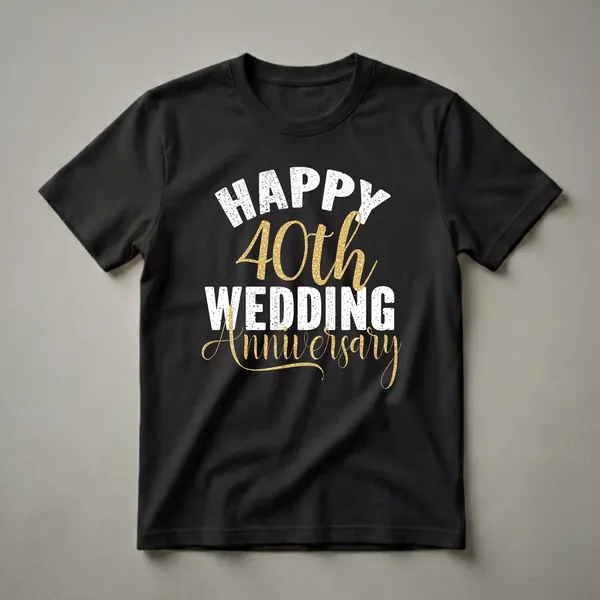 Black t-shirt with white distressed text 'HAPPY WEDDING' and gold textured text '40th Anniversary' celebrating a 40th wedding anniversary.