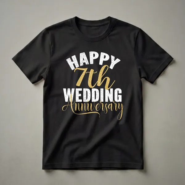 Black t-shirt with white distressed text reading 'HAPPY WEDDING' and gold textured text reading '7th Anniversary'.