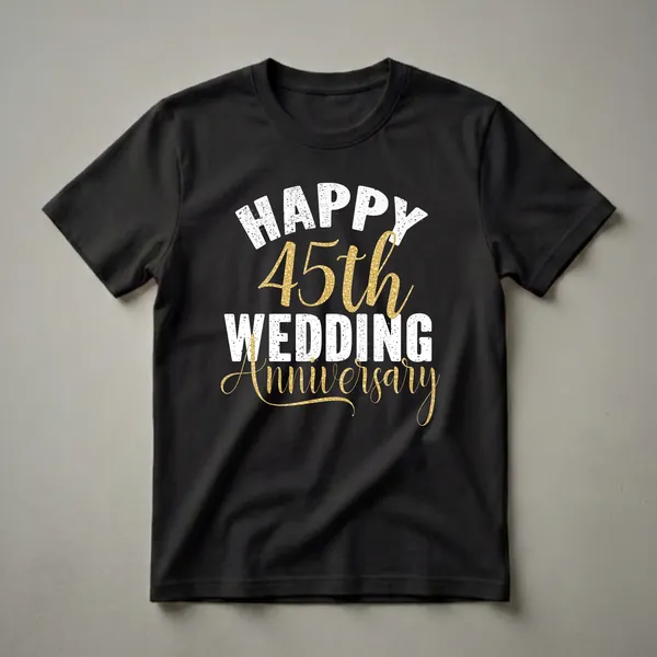 Black t-shirt with white distressed text reading 'HAPPY WEDDING' and gold shimmering text reading '45th Anniversary'.