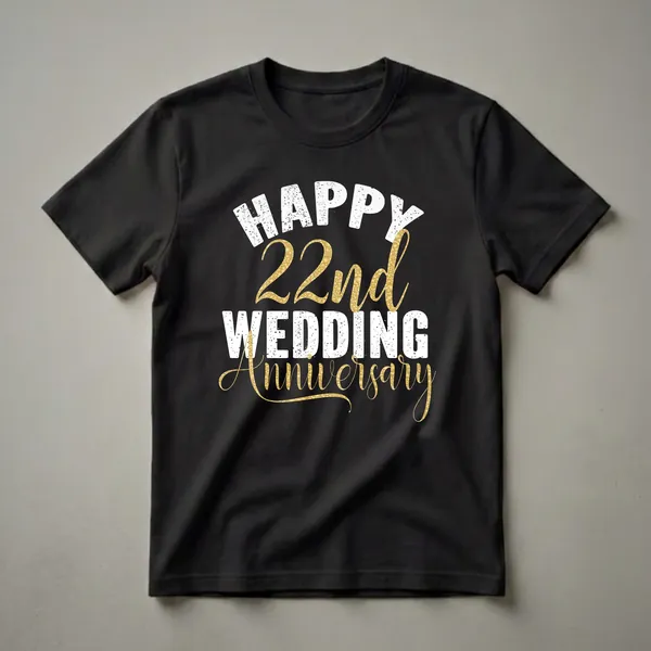 Black t-shirt with white distressed text reading 'HAPPY WEDDING' and gold script text reading '22nd Anniversary'.
