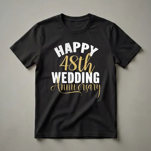 Black t-shirt with white distressed text reading 'HAPPY WEDDING' and gold shimmering text reading '48th Anniversary'.