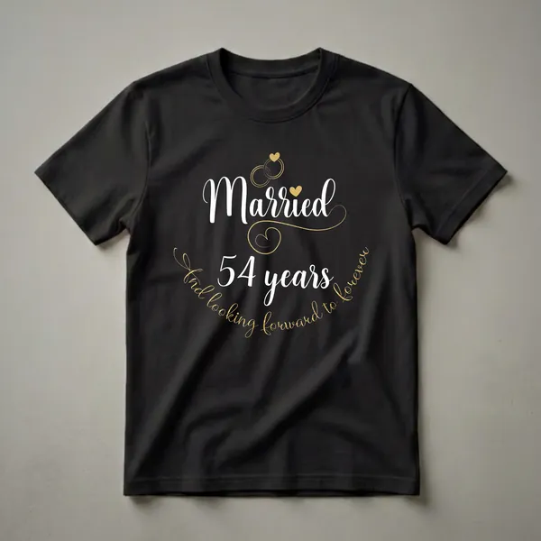 Black t-shirt with white and gold text celebrating 54 years of marriage, featuring wedding rings and hearts.