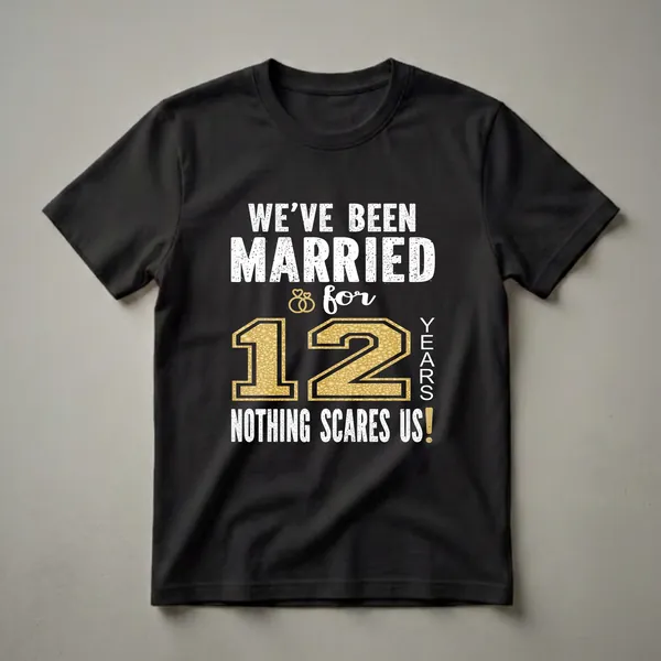 Black t-shirt with white distressed text reading 'WE'VE BEEN MARRIED for 12 YEARS NOTHING SCARES US!' and a large gold textured number 12.