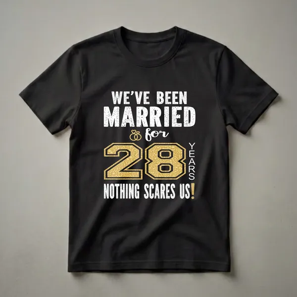 Black t-shirt with white distressed text reading 'WE'VE BEEN MARRIED & for 28 YEARS NOTHING SCARES US!' and a large gold textured number 28.