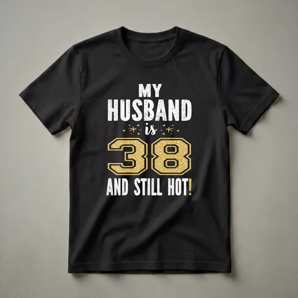 Black t-shirt with white distressed text reading 'MY HUSBAND IS 38 AND STILL HOT!' and a large gold glitter number 38.