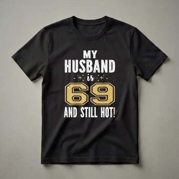 Black t-shirt with white distressed text reading 'MY HUSBAND is' and 'AND STILL HOT!', with a large gold textured number 69 in the center.
