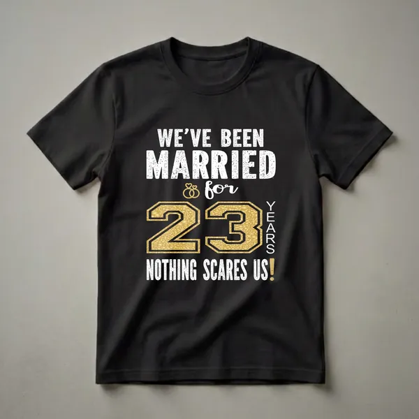 Black t-shirt with white distressed text reading 'WE'VE BEEN MARRIED FOR 23 YEARS NOTHING SCARES US!' and a large gold '23' graphic with wedding rings.