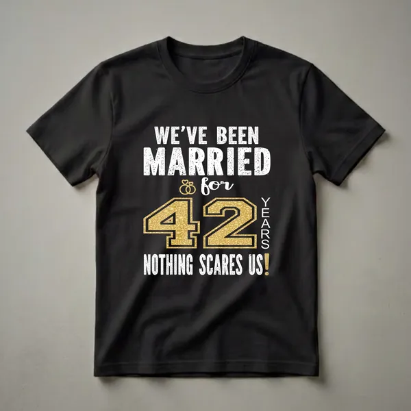 Black t-shirt with white distressed text reading 'WE'VE BEEN MARRIED' and 'NOTHING SCARES US!', and gold textured numbers '42' with 'YEARS' vertically beside it, and two gold interlocking rings.