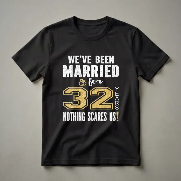 Black t-shirt with white distressed text reading 'WE'VE BEEN MARRIED for 32 YEARS NOTHING SCARES US!' and a large gold textured '32' with wedding rings.