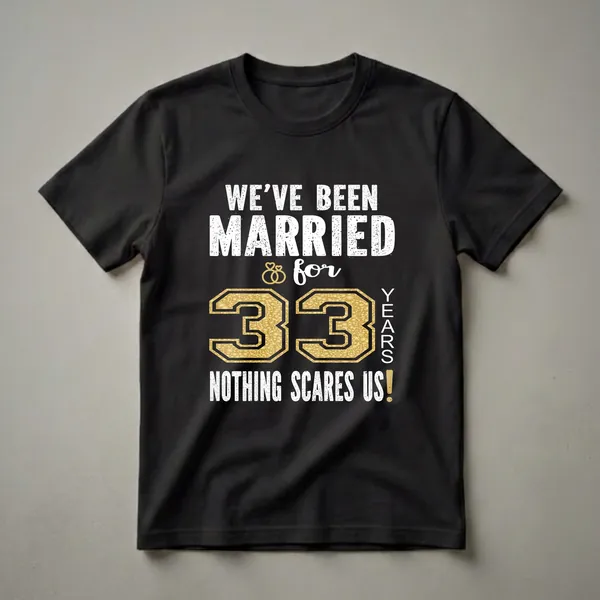 Black t-shirt with white distressed text reading 'WE'VE BEEN MARRIED for 33 YEARS NOTHING SCARES US!' and a large gold textured number 33.