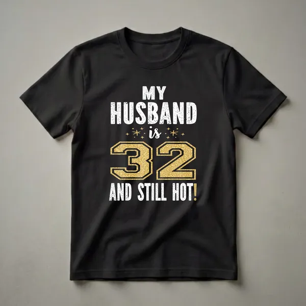 Black t-shirt with white distressed text reading 'MY HUSBAND IS 32 AND STILL HOT!' with a large gold textured number 32 in the center.