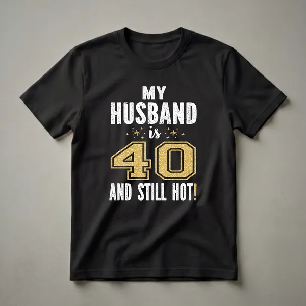 Black t-shirt with white distressed text reading 'MY HUSBAND IS 40 AND STILL HOT!' and a large gold glitter-filled number 40 with gold star accents.
