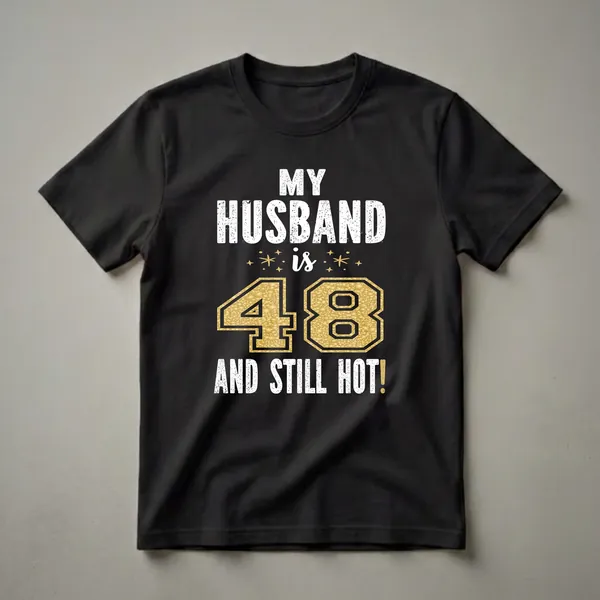 Black t-shirt with white distressed text that reads 'MY HUSBAND is 48 AND STILL HOT!', featuring a large gold glitter number 48.