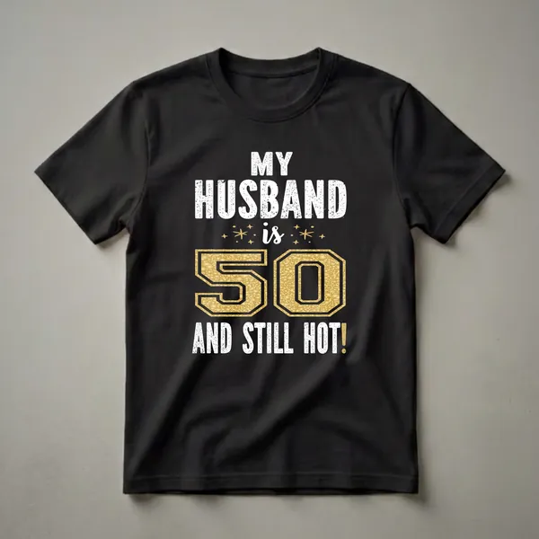 Black t-shirt with white distressed text reading 'MY HUSBAND is 50 AND STILL HOT!' with a large gold glitter-filled number 50 in the center.