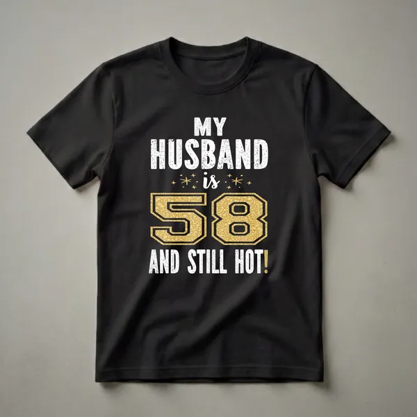 Black t-shirt with white distressed text reading 'MY HUSBAND IS' and 'AND STILL HOT!', with a large gold glitter-effect number '58' in the center.