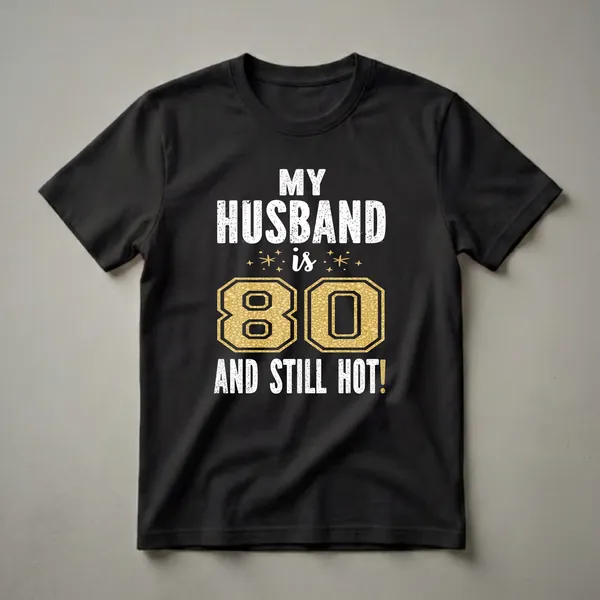 Black t-shirt with white distressed text reading 'MY HUSBAND IS' and 'AND STILL HOT!', with a large gold textured number '80' in the center.