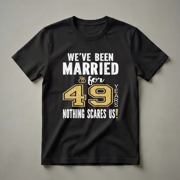 Black t-shirt with white distressed text reading 'WE'VE BEEN MARRIED FOR 49 YEARS NOTHING SCARES US!' and gold glitter accents.