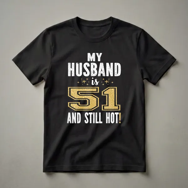 Black t-shirt with white distressed text that reads 'MY HUSBAND IS 51 AND STILL HOT!' and a large gold textured number '51' with starburst accents.