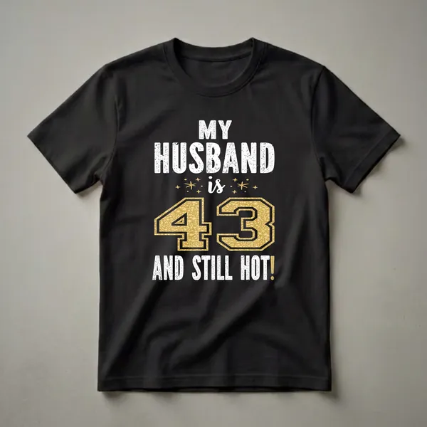 Black t-shirt with white distressed text reading 'MY HUSBAND IS 43 AND STILL HOT!' and large gold glitter numbers '43'.