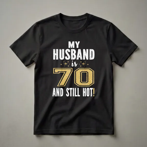 Black t-shirt with white distressed text reading 'MY HUSBAND IS 70 AND STILL HOT!' with a large gold glitter number 70 in the center.