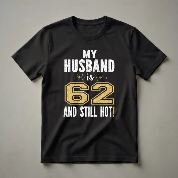 Black t-shirt with white distressed text reading 'MY HUSBAND IS' and 'AND STILL HOT!', with a large gold textured number '62' in the center.