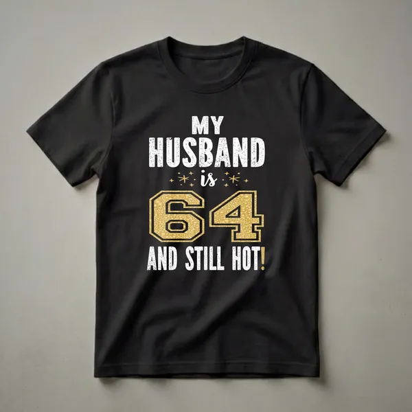 Black t-shirt with white distressed text that reads "MY HUSBAND is 64 AND STILL HOT!". The number 64 is large and textured in gold.