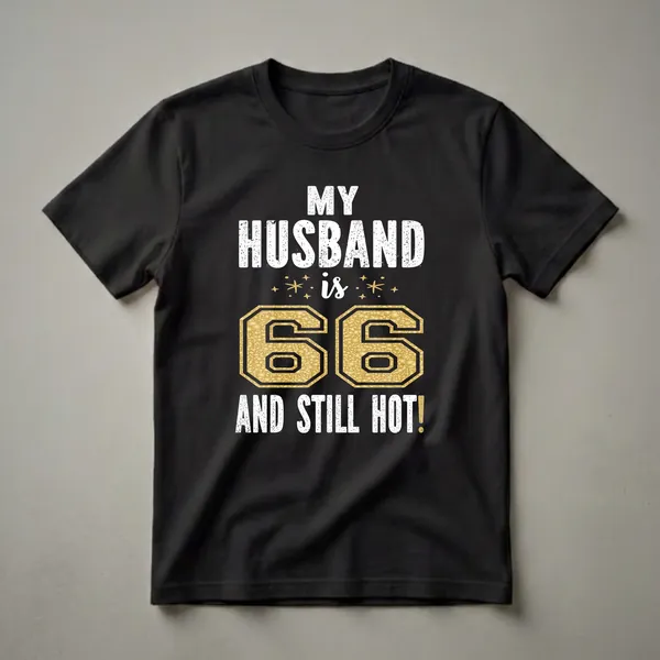 Black t-shirt with white distressed text reading 'MY HUSBAND IS' and 'AND STILL HOT!', and a large gold glitter textured number '66' in the center.