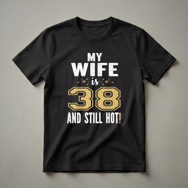 Black t-shirt with distressed white text reading 'MY WIFE is 38 AND STILL HOT!' and a large gold textured number 38.