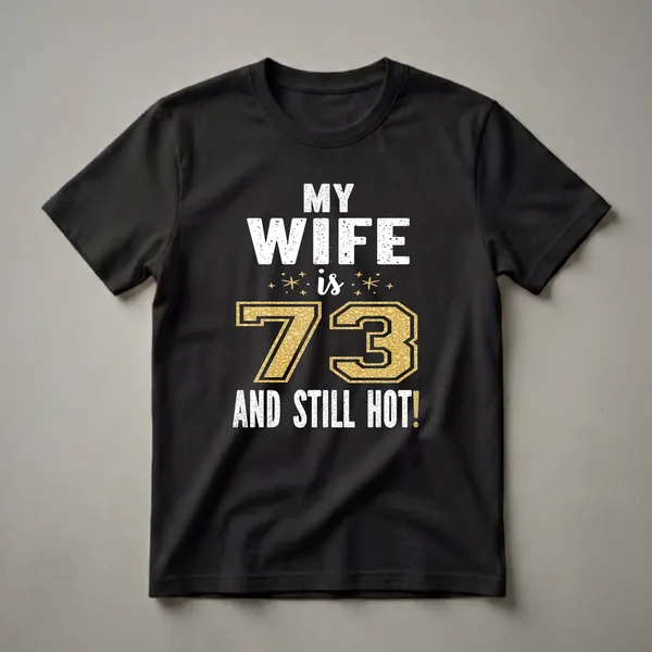 Black t-shirt with white distressed text 'MY WIFE' and 'AND STILL HOT!', and a large gold glitter textured number '73' with sparkles.