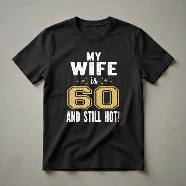 Black t-shirt with white distressed text reading 'MY WIFE' and 'AND STILL HOT!' and a large gold textured '60' in the center, with small gold star accents.