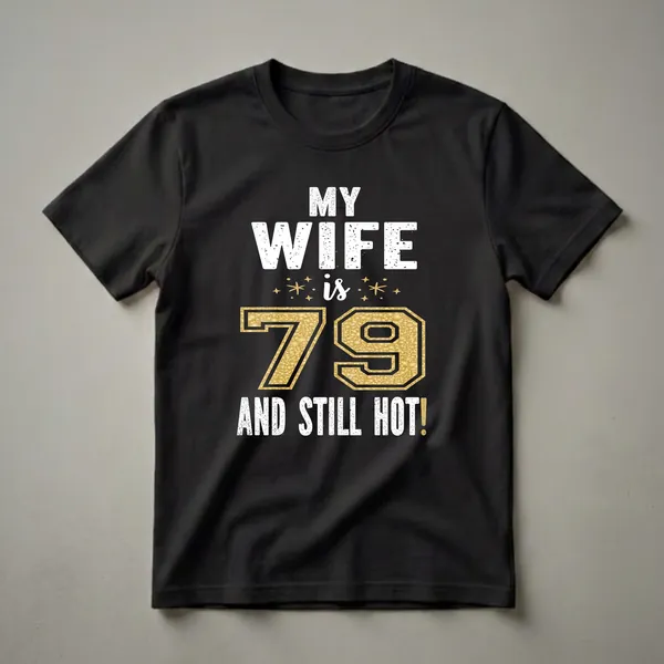 Black t-shirt with white distressed text reading "MY WIFE" and "AND STILL HOT!", and a large gold glitter-filled number "79" with black outline.
