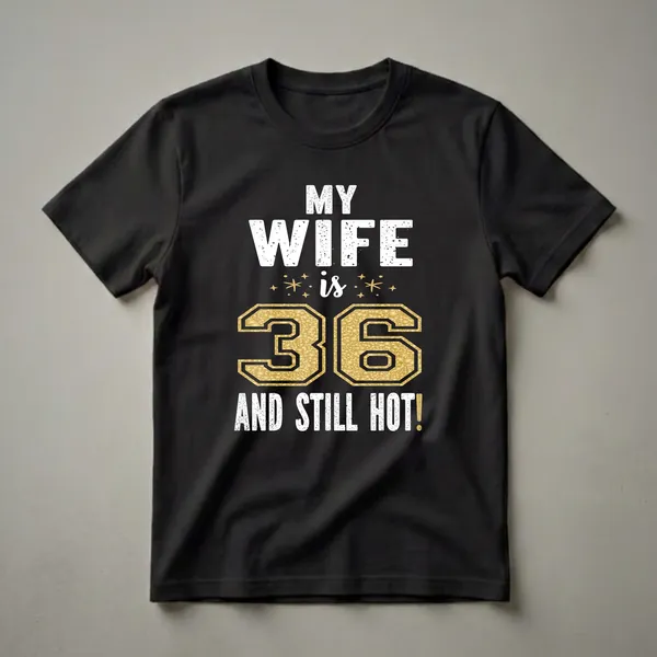 Black t-shirt with white distressed text reading 'MY WIFE' and 'AND STILL HOT!', with a large gold glitter textured number '36' in the center, and small gold star accents.
