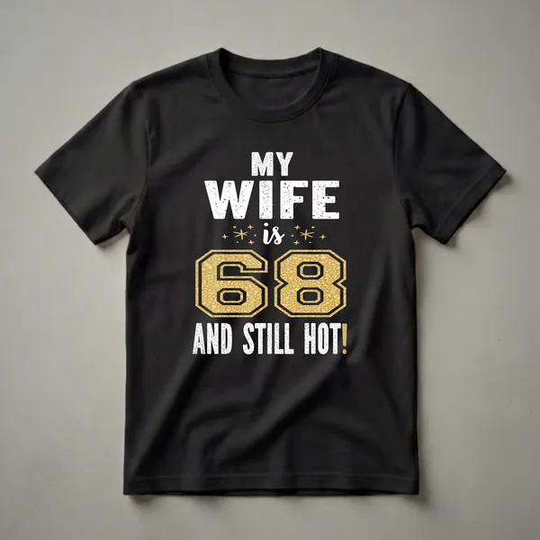 Black t-shirt with white distressed text reading 'MY WIFE is 68 AND STILL HOT!' and a gold textured number 68.