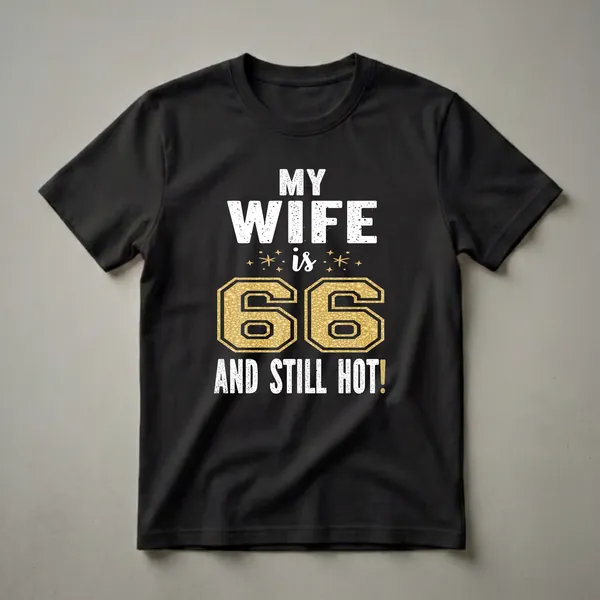 Black t-shirt with white distressed text reading 'MY WIFE is 66 AND STILL HOT!' and a large gold textured number 66.