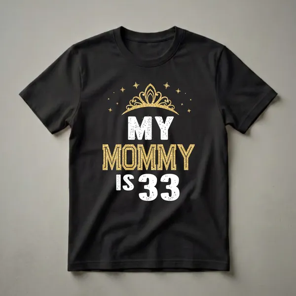 Black t-shirt with white and gold distressed text that reads 'MY MOMMY IS 33' with a golden crown and stars above.