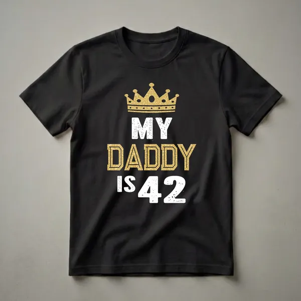 Black t-shirt with a gold glitter crown graphic above the words 'MY DADDY IS 42' in distressed white and gold lettering, celebrating a 42nd birthday.