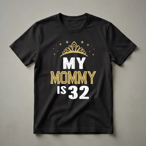 Black t-shirt with a gold crown and stars graphic above distressed white text 'MY' and 'IS 32', and gold textured text 'MOMMY'.