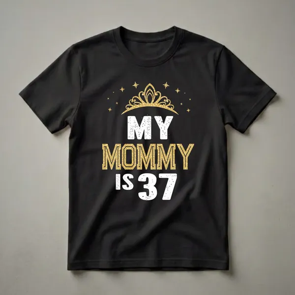 Black t-shirt with distressed white text 'MY' and '37', and gold textured text 'MOMMY', topped with a golden crown and surrounded by gold stars.