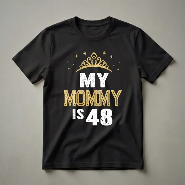 Black t-shirt with white and gold text that reads 'MY MOMMY IS 48' with a gold crown and stars graphic above.