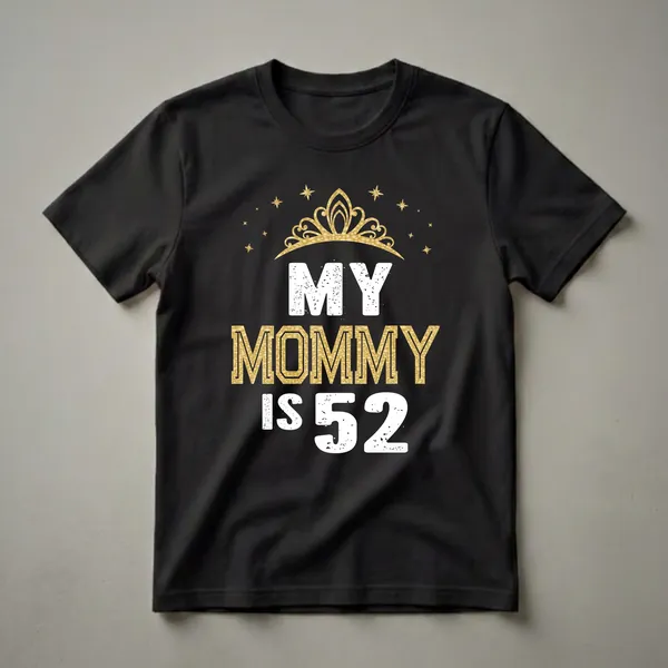 Black t-shirt with white and gold text that reads 'MY MOMMY IS 52' with a golden crown and stars above.