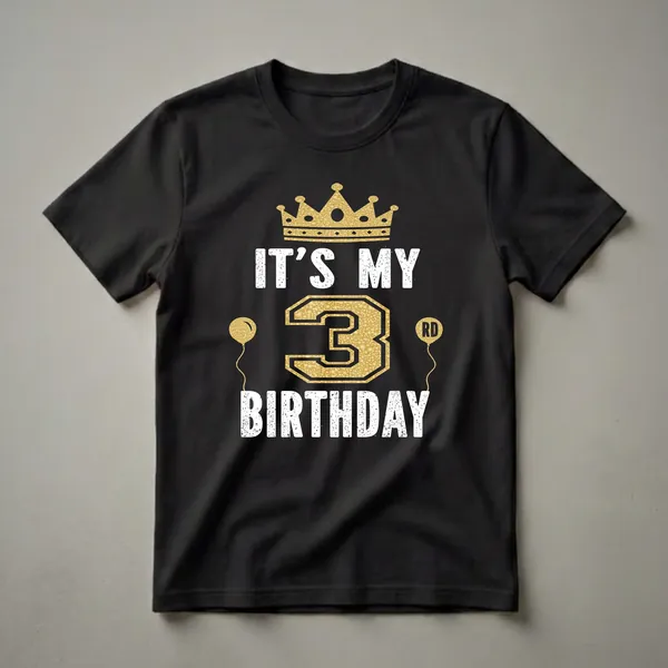 Black t-shirt with white distressed text reading 'IT'S MY BIRTHDAY' and a large golden textured number '3' with 'RD' on a balloon, topped with a golden crown and flanked by golden balloons.