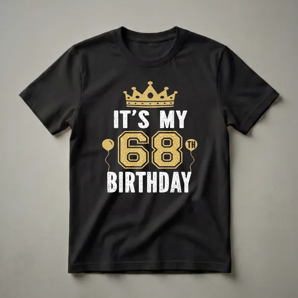 Black t-shirt with a gold crown, gold balloons, and white text that reads 'IT'S MY 68th BIRTHDAY'.