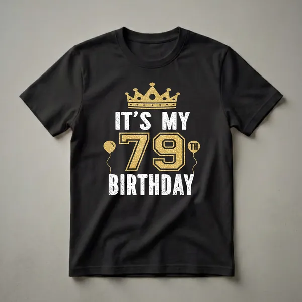 Black t-shirt with white and gold graphic text that reads "IT'S MY 79TH BIRTHDAY" with a gold crown and gold balloons.