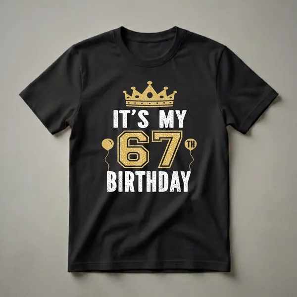 Black t-shirt with a golden crown, white distressed text reading 'IT'S MY', large gold textured '67', two golden balloons, and white distressed text reading 'BIRTHDAY'.