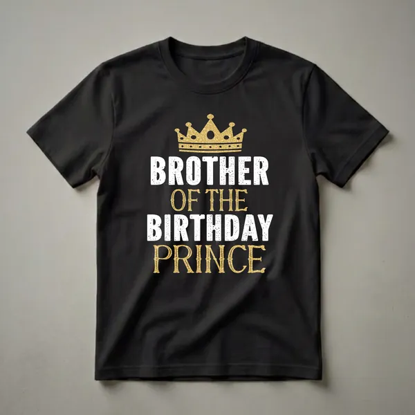Black t-shirt with a golden crown above distressed white text reading 'BROTHER OF THE BIRTHDAY PRINCE' in gold.