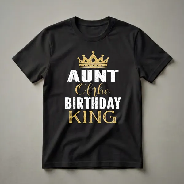 Black t-shirt with a gold crown above white distressed text that reads 'AUNT OF THE BIRTHDAY KING', with 'KING' in a decorative gold font.
