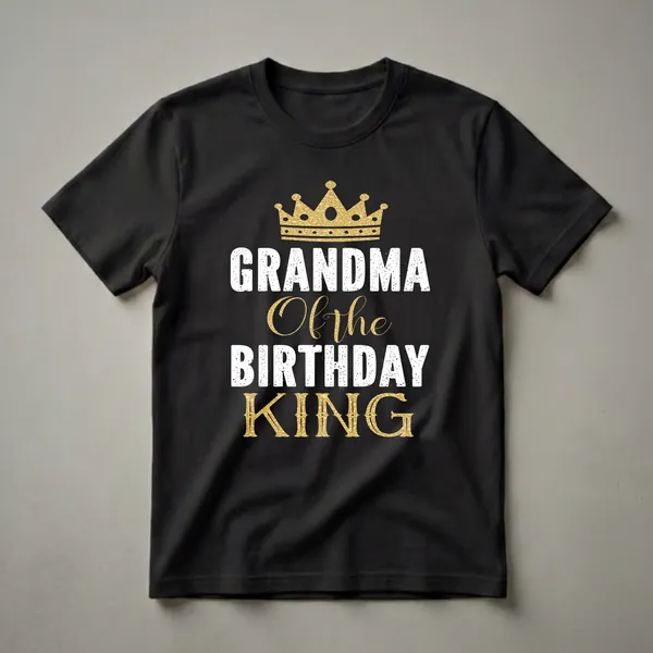 Black t-shirt with a golden crown graphic and distressed white and gold text that reads "Grandma Of the Birthday King".
