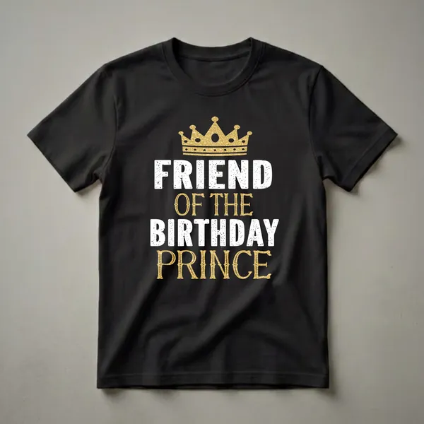 Black t-shirt with a gold crown graphic and distressed white and gold text that reads 'FRIEND OF THE BIRTHDAY PRINCE'.